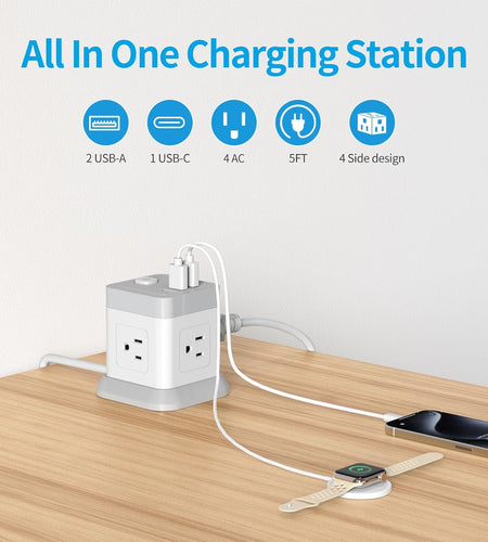 Power Strip with USB,  Flat Plug Extension Cord with 4 Outlets and 3 USB Ports, 5 FT Power Cord Desktop Charging Station, Overload Protection, Compact Portable for Travel Home Office Cruise Ship