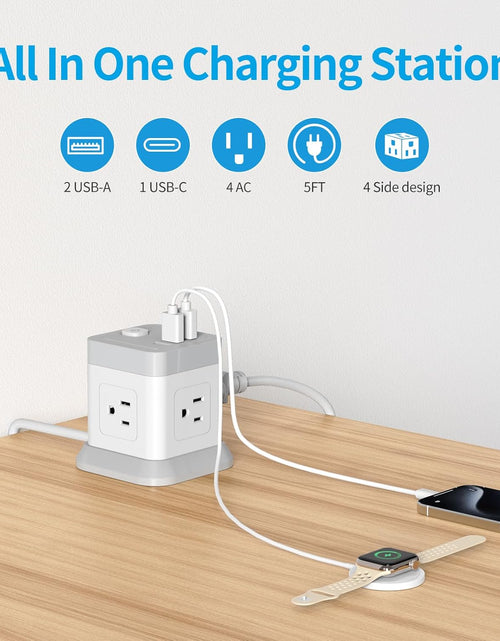Load image into Gallery viewer, Power Strip with USB,  Flat Plug Extension Cord with 4 Outlets and 3 USB Ports, 5 FT Power Cord Desktop Charging Station, Overload Protection, Compact Portable for Travel Home Office Cruise Ship
