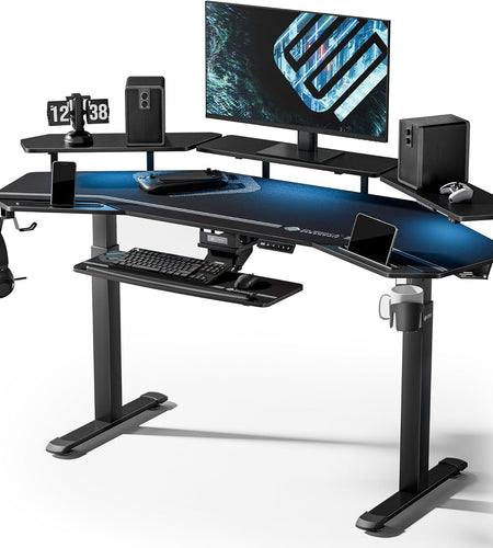 Gaming Desk, Standing Desk Keyboard Tray, 72" Wing Shaped Music Studio Desk Electric Adjustable Height Desk Sit Stand Desk with LED Shelves, Gaming Recording Live Stream, Slot Design