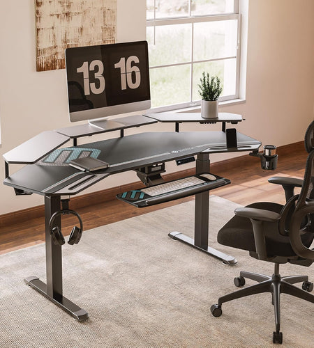 Gaming Desk, Standing Desk Keyboard Tray, 72" Wing Shaped Music Studio Desk Electric Adjustable Height Desk Sit Stand Desk with LED Shelves, Gaming Recording Live Stream, Slot Design