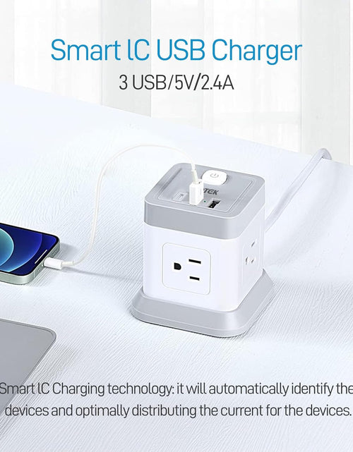 Load image into Gallery viewer, Power Strip with USB,  Flat Plug Extension Cord with 4 Outlets and 3 USB Ports, 5 FT Power Cord Desktop Charging Station, Overload Protection, Compact Portable for Travel Home Office Cruise Ship
