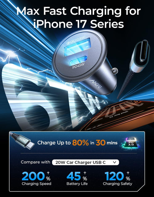 Load image into Gallery viewer, USB C Car Charger 48W Super Mini  All Metal Fast USB Car Charger Adapter PD&amp;QC 3.0 Dual Port Compatible with Iphone 13 12 11 Pro Max X XR XS 8 Samsung Galaxy Note 20/10 S21/20/10 Google Pixel
