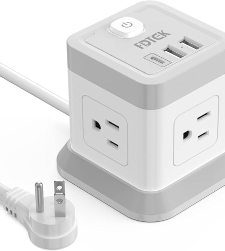 Power Strip with USB,  Flat Plug Extension Cord with 4 Outlets and 3 USB Ports, 5 FT Power Cord Desktop Charging Station, Overload Protection, Compact Portable for Travel Home Office Cruise Ship
